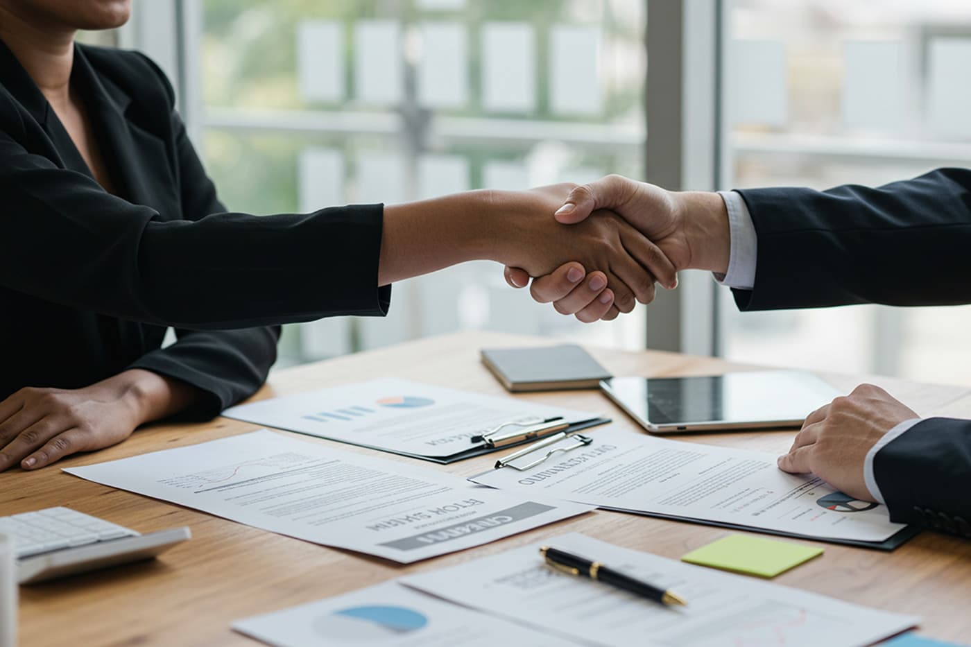 Partnership handshake at the business office table as part of a financial agreement 